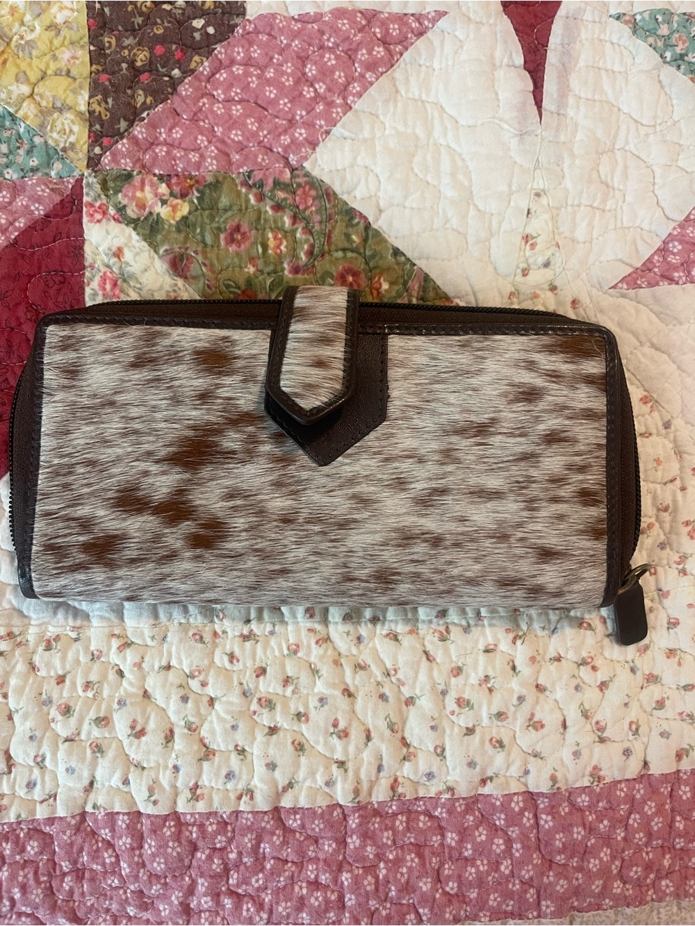 Cowhide Zip-Around Wallet with Dark Brown Trim